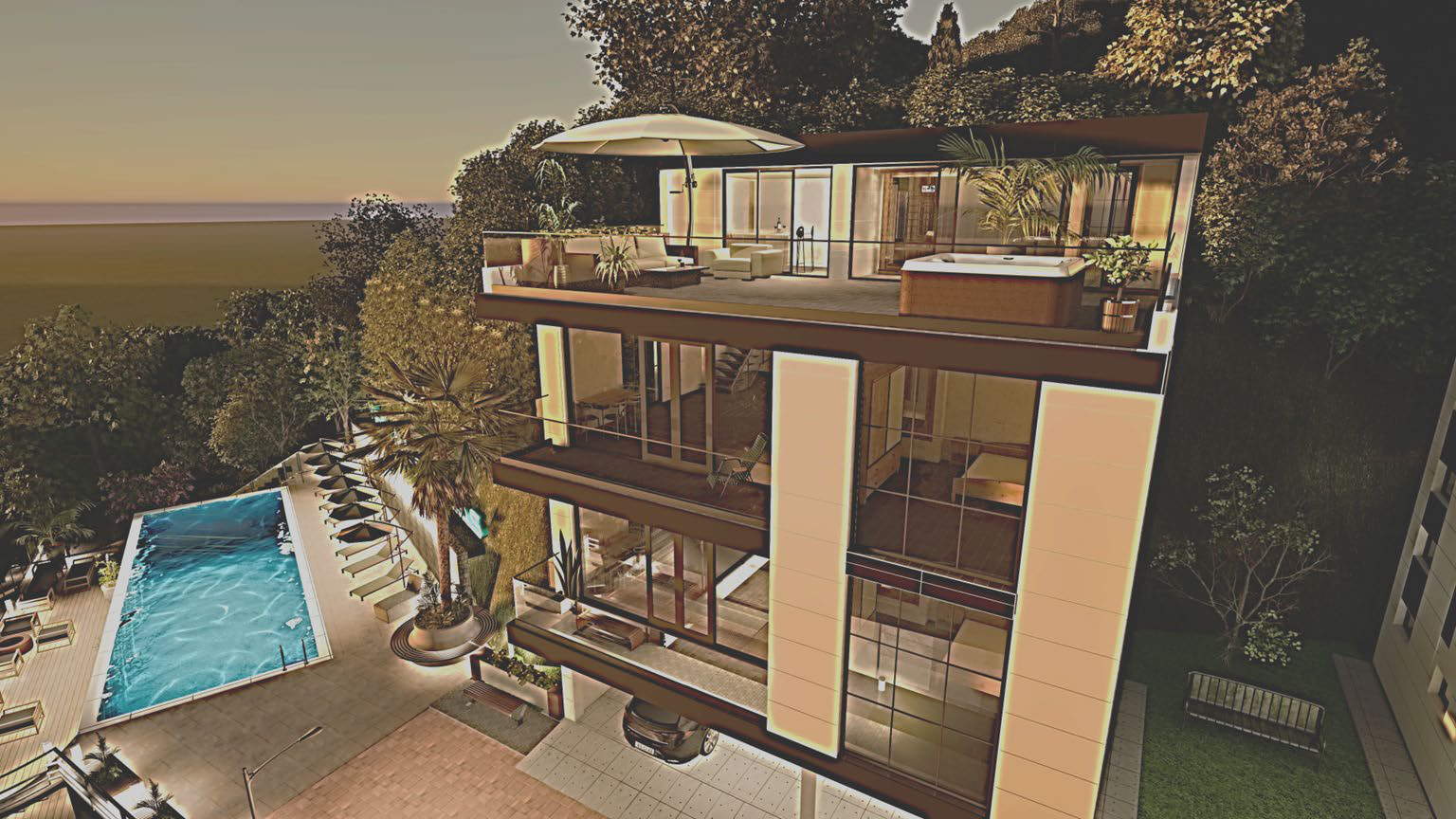 Vista Mare Villas — вечерний вид с бассейном
